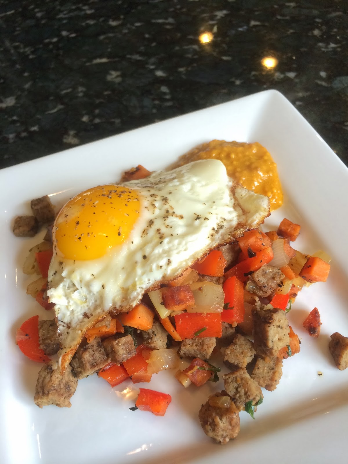 Living on Love and Leftovers Pantry turkey sausagesweet potato eggtopped hash